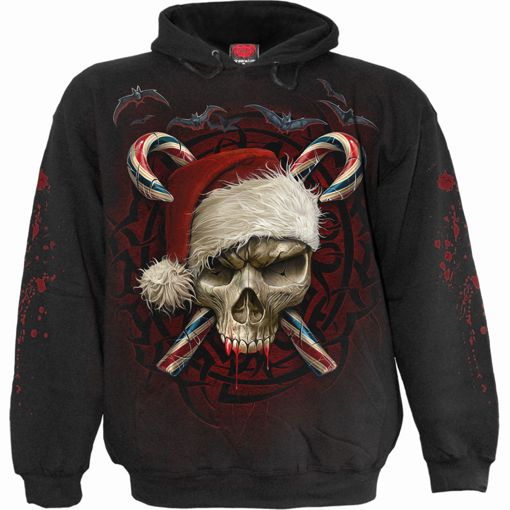 Spiral Unisex Pullover Hoodie: Candy Cane Santa (Black) (Back & Sleeve Print)