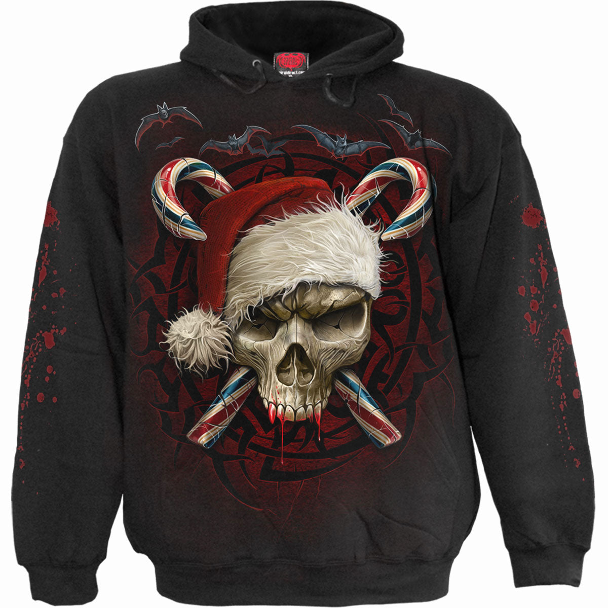 Spiral Unisex Pullover Hoodie: Candy Cane Santa (Black) (Back & Sleeve Print)