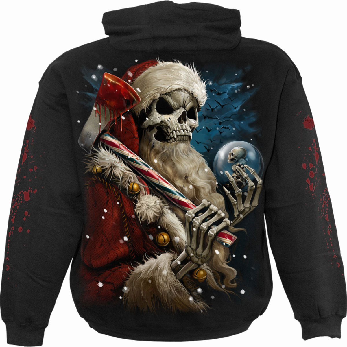 Spiral Unisex Pullover Hoodie: Candy Cane Santa (Black) (Back & Sleeve Print)