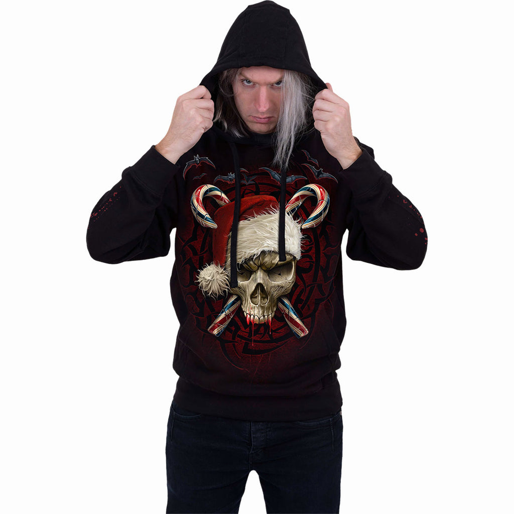 Spiral Unisex Pullover Hoodie: Candy Cane Santa (Black) (Back & Sleeve Print)