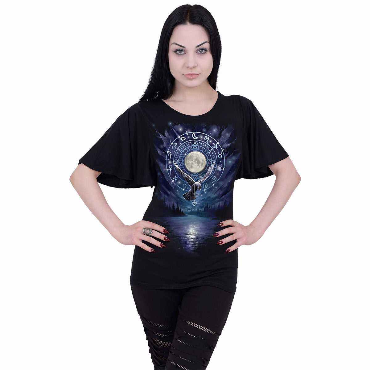 Spiral Ladies Latin Boatneck Top: Witchcraft (Black)