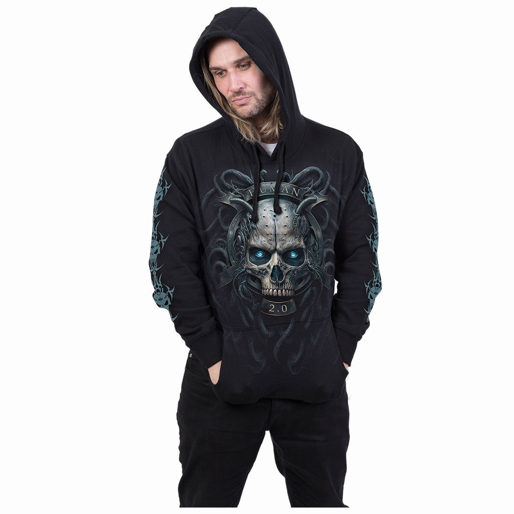 Spiral Unisex Pullover Hoodie: Human 2.0 (Black) (Back & Sleeve Print)