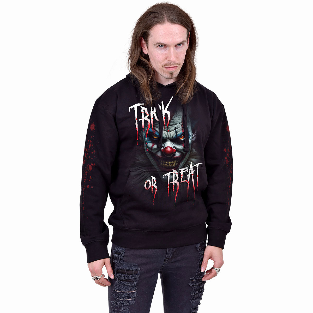 Spiral Unisex Pullover Hoodie: Trick Or Treat (Black) (Back & Sleeve Print)