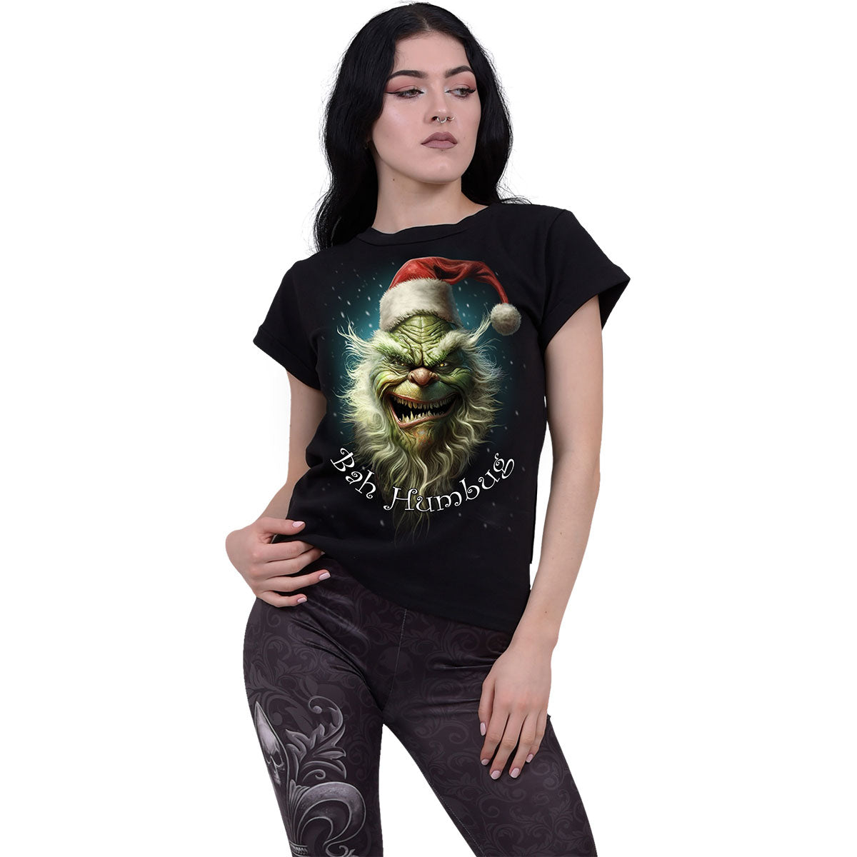 Spiral Ladies Boatneck Cap Sleeve T-Shirt: Bah Humbug (Black)