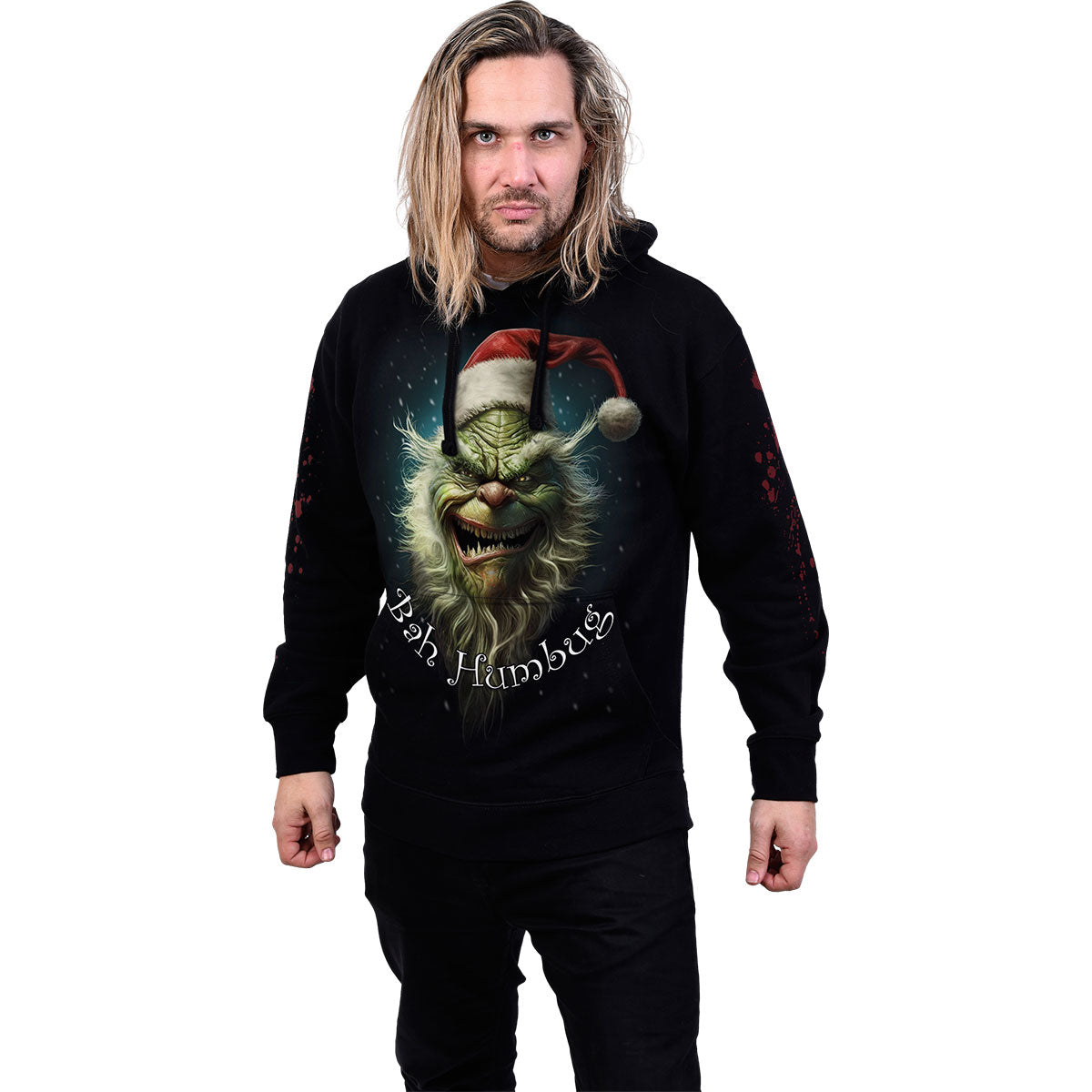 Spiral Unisex Pullover Hoodie: Bah Humbug (Black) (Back & Sleeve Print)