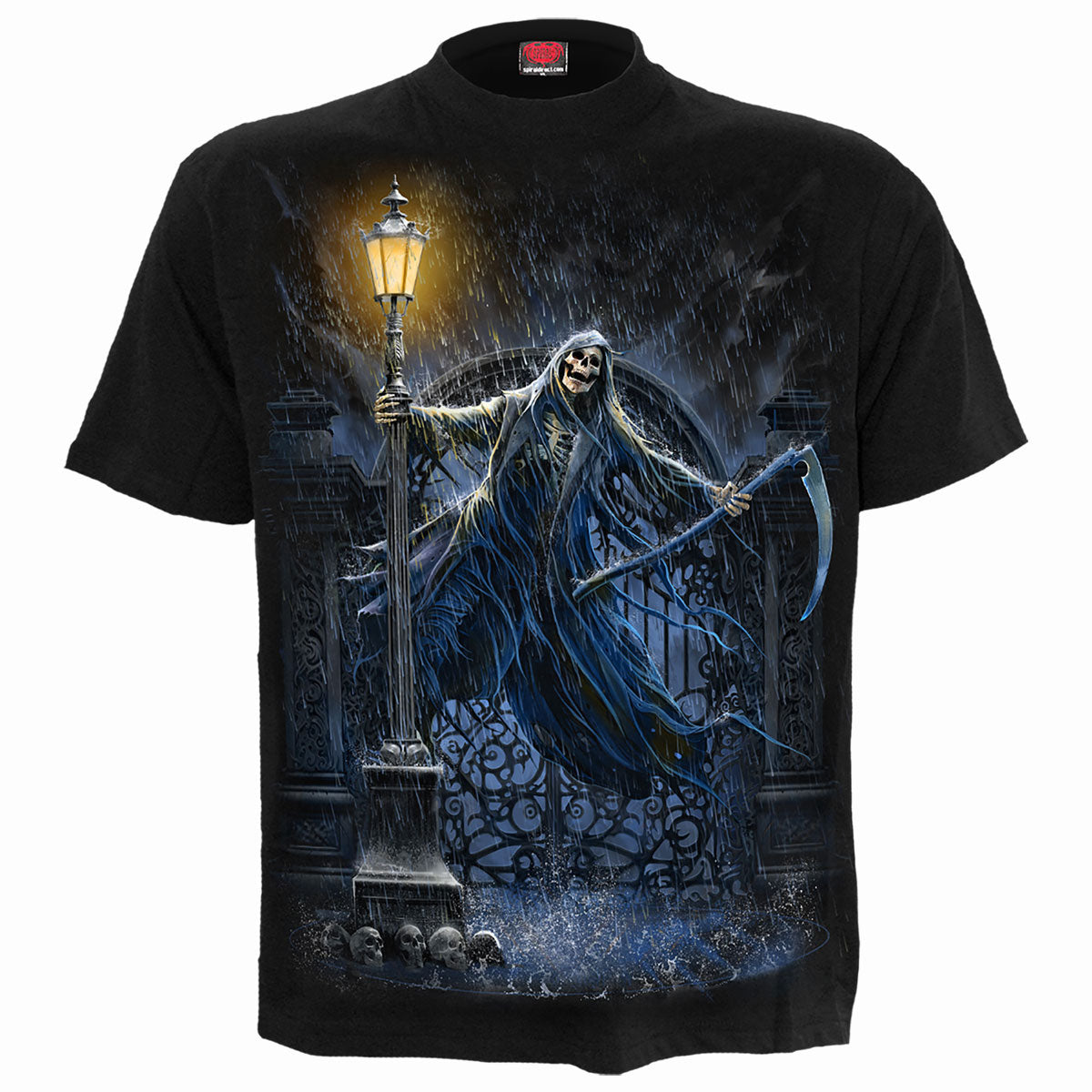 Spiral Unisex T-Shirt: Reaping In The Rain (Black) (Back Print)