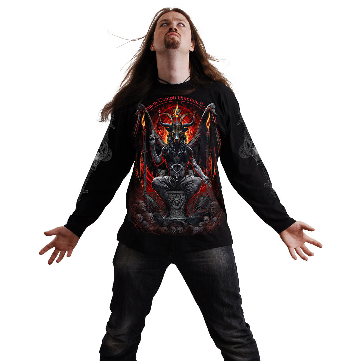 Spiral Unisex Long Sleeve T-Shirt: Baphomet (Black) (Back & Sleeve Print)