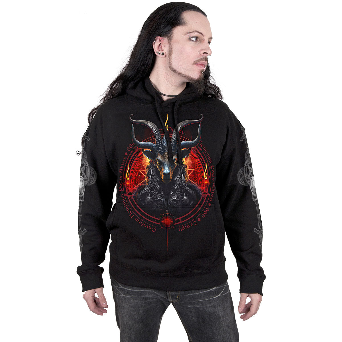 Spiral Unisex Pullover Hoodie: Baphomet (Black) (Back & Sleeve Print)