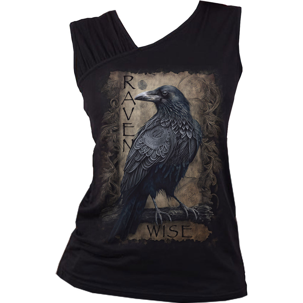 Spiral Ladies Gathered Shoulder Slant Vest T-Shirt: Raven Wise (Black)