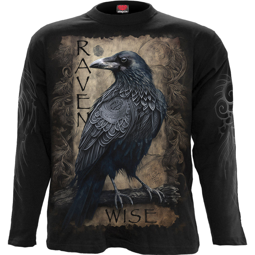 Spiral Unisex Long Sleeve T-Shirt: Raven Wise (Black) (Back & Sleeve Print)