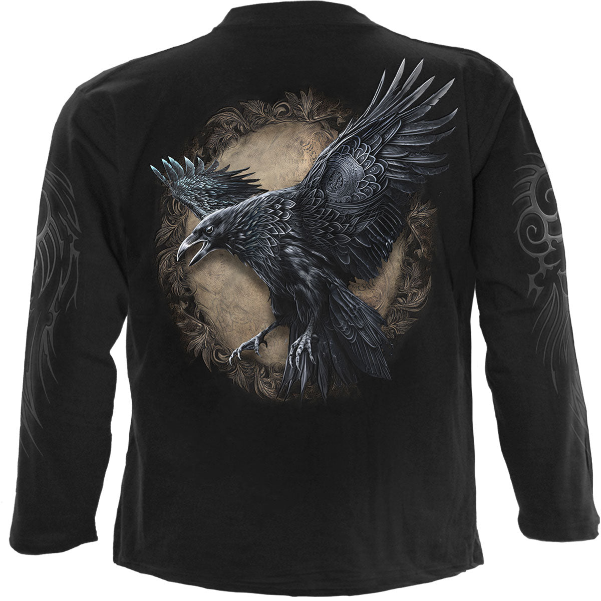 Spiral Unisex Long Sleeve T-Shirt: Raven Wise (Black) (Back & Sleeve Print)
