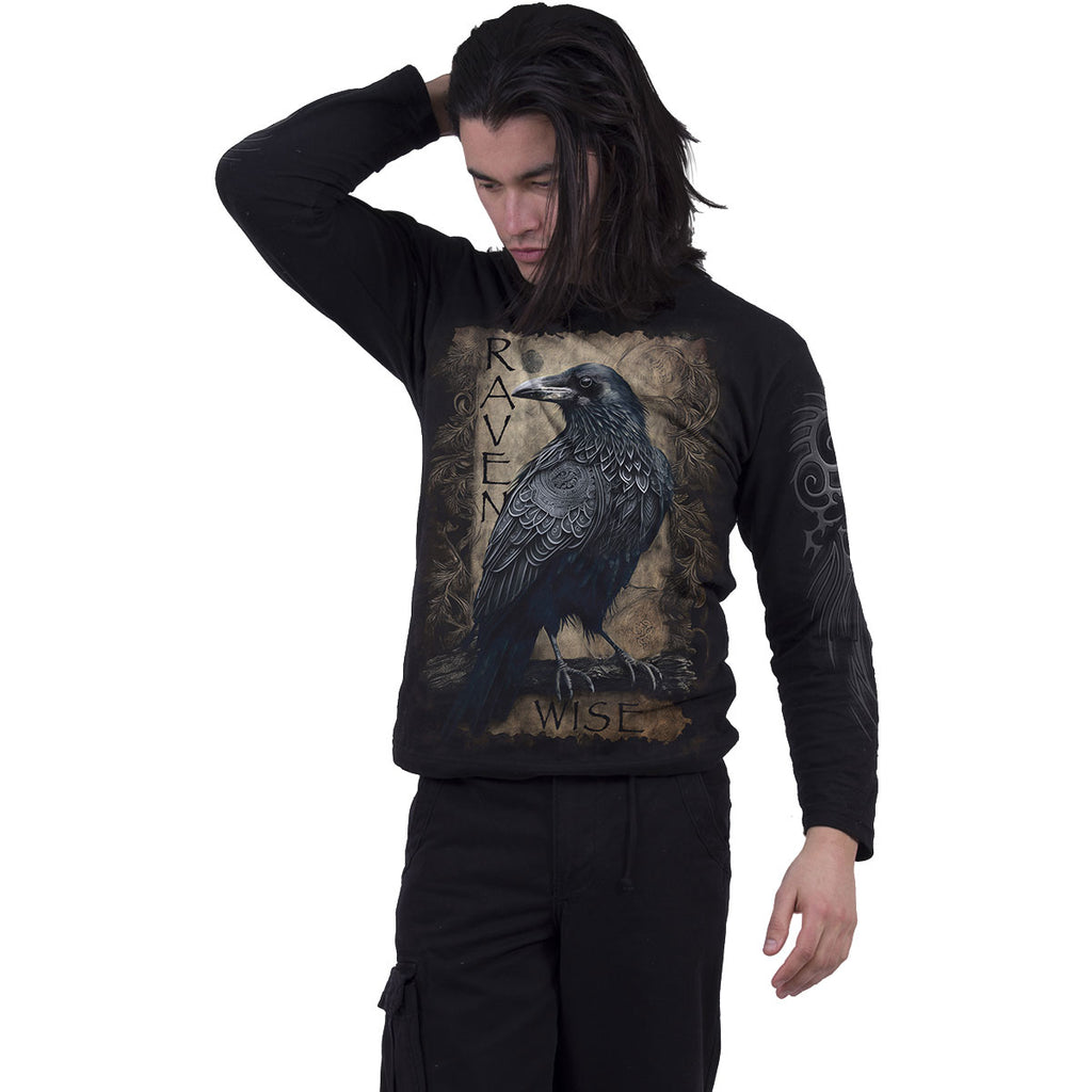 Spiral Unisex Long Sleeve T-Shirt: Raven Wise (Black) (Back & Sleeve Print)