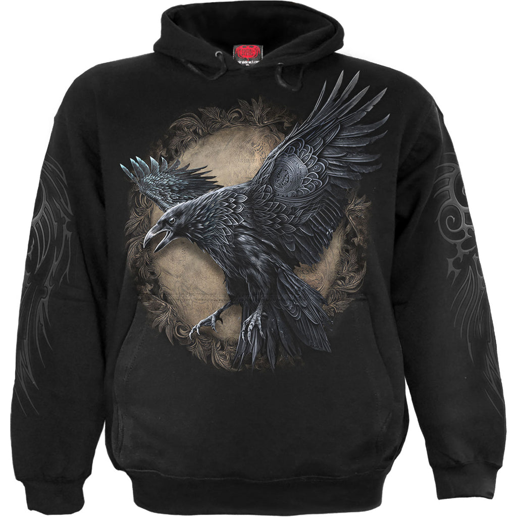 Spiral Unisex Pullover Hoodie: Raven Wise (Black) (Back & Sleeve Print)
