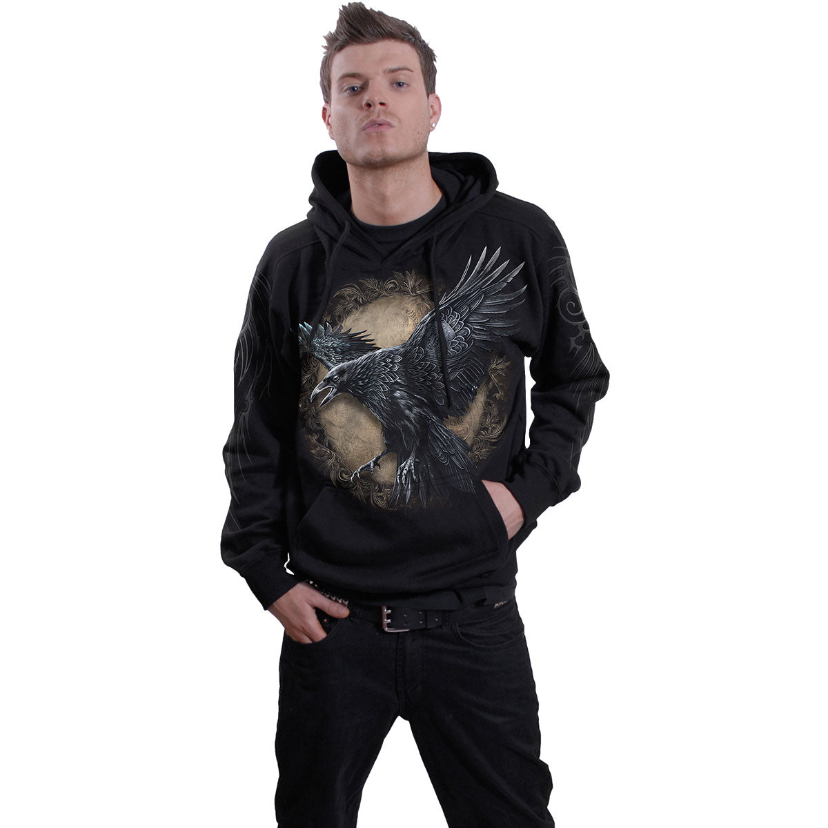 Spiral Unisex Pullover Hoodie: Raven Wise (Black) (Back & Sleeve Print)