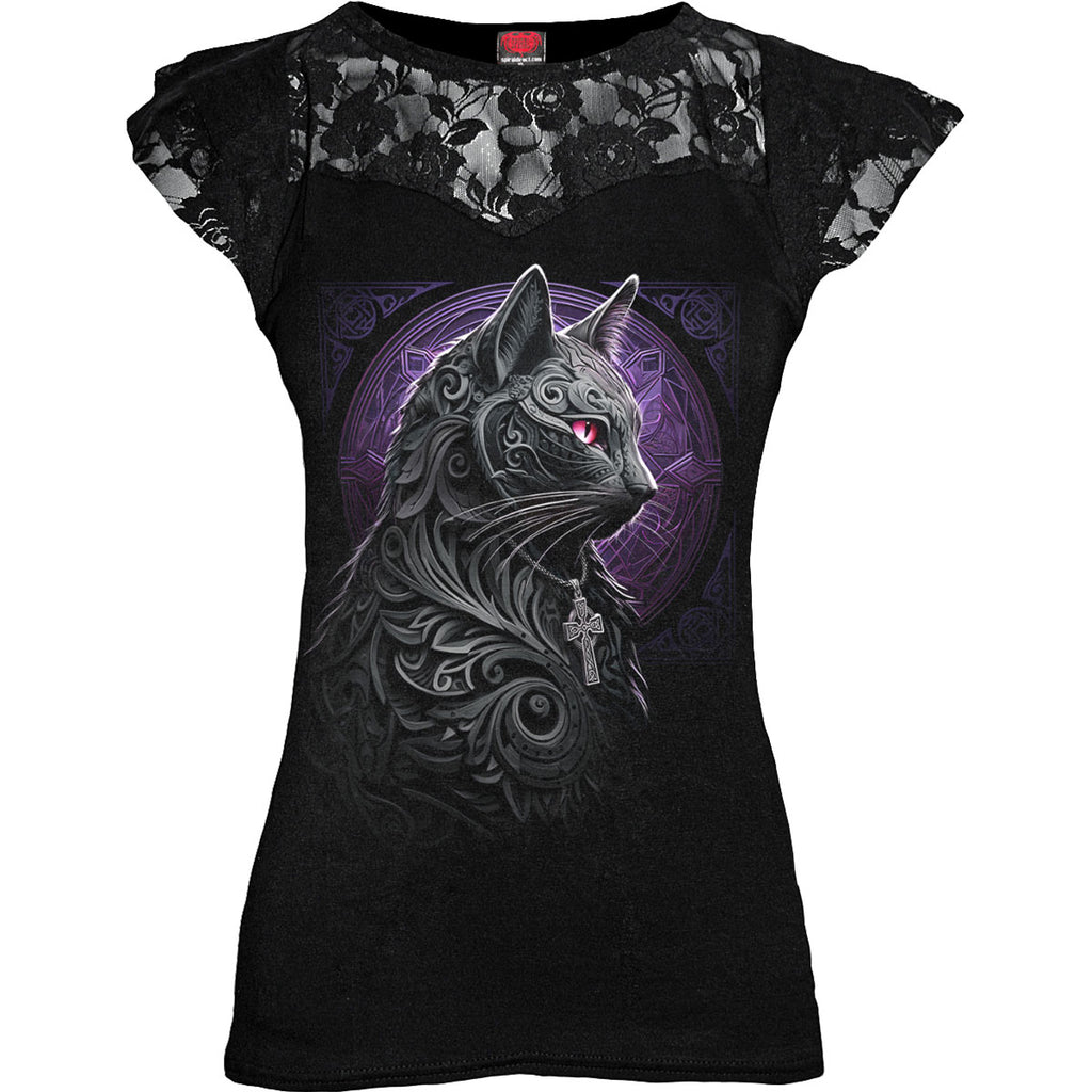 Spiral Ladies Lace Layered Cap Sleeve Top: Celtic Whiskers (Black)