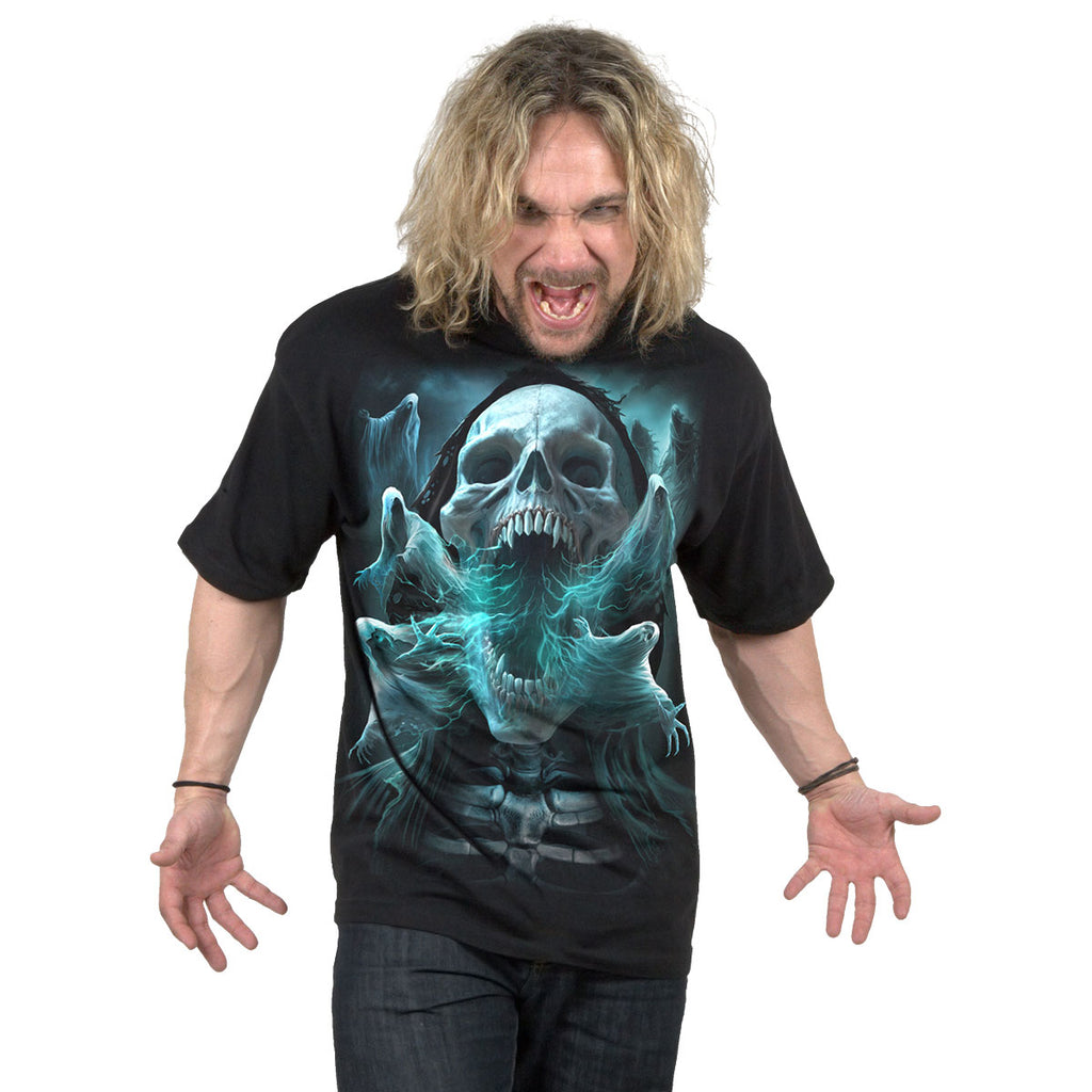 Spiral Unisex T-Shirt: Ghost Skull (Black) (Back Print)