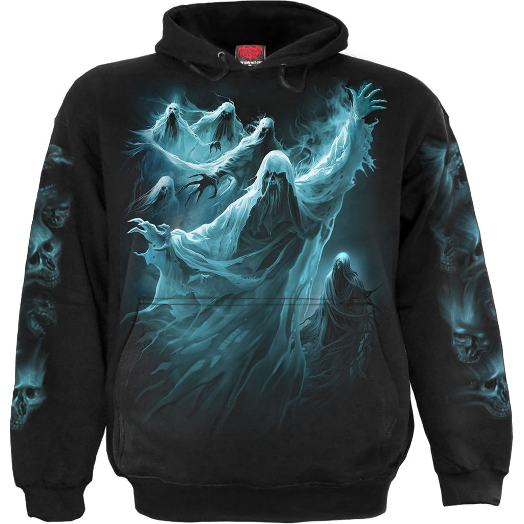 Spiral Unisex Pullover Hoodie: Ghost Skull (Black) (Back & Sleeve Print)