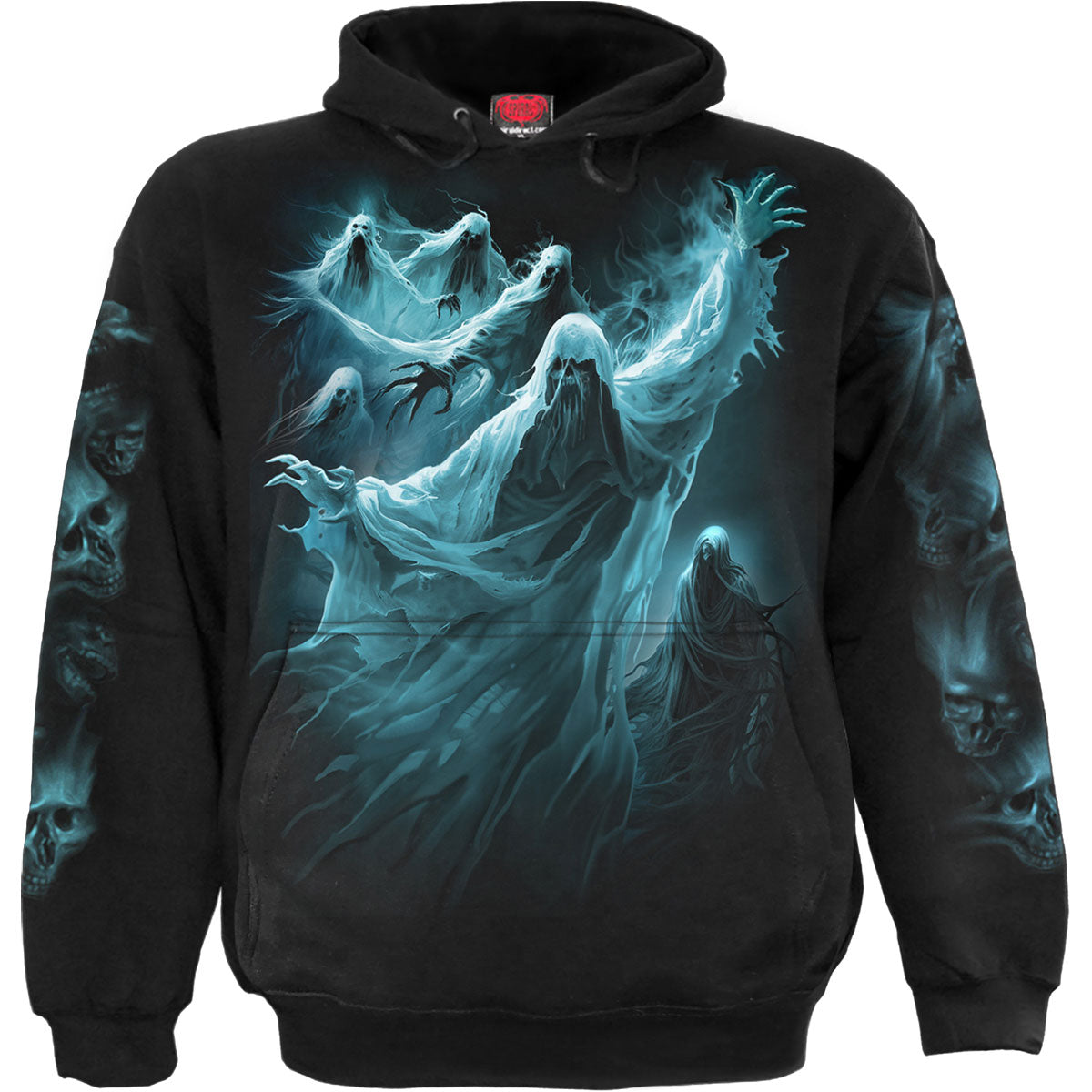 Spiral Unisex Pullover Hoodie: Ghost Skull (Black) (Back & Sleeve Print)