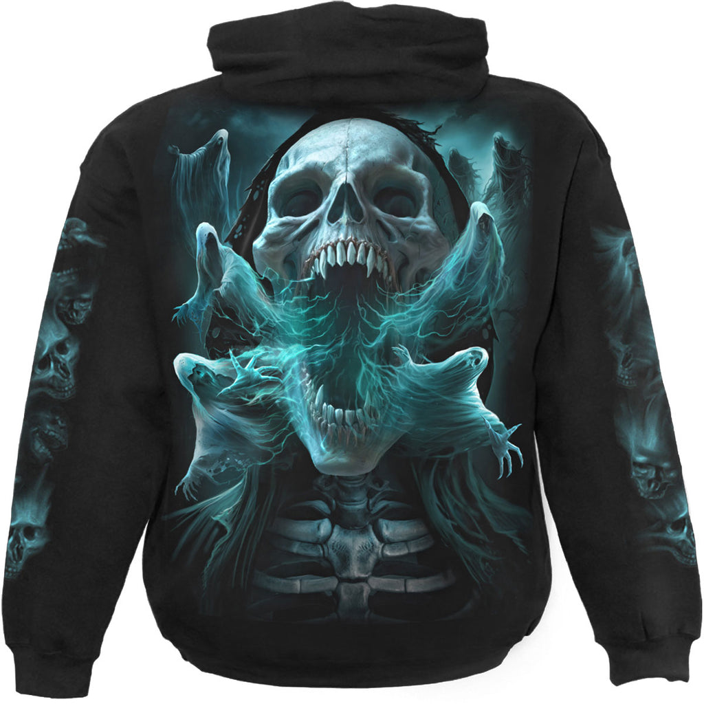 Spiral Unisex Pullover Hoodie: Ghost Skull (Black) (Back & Sleeve Print)