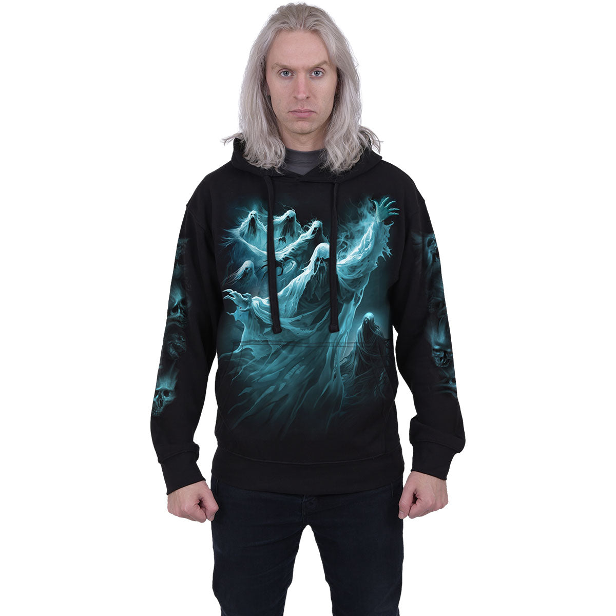 Spiral Unisex Pullover Hoodie: Ghost Skull (Black) (Back & Sleeve Print)