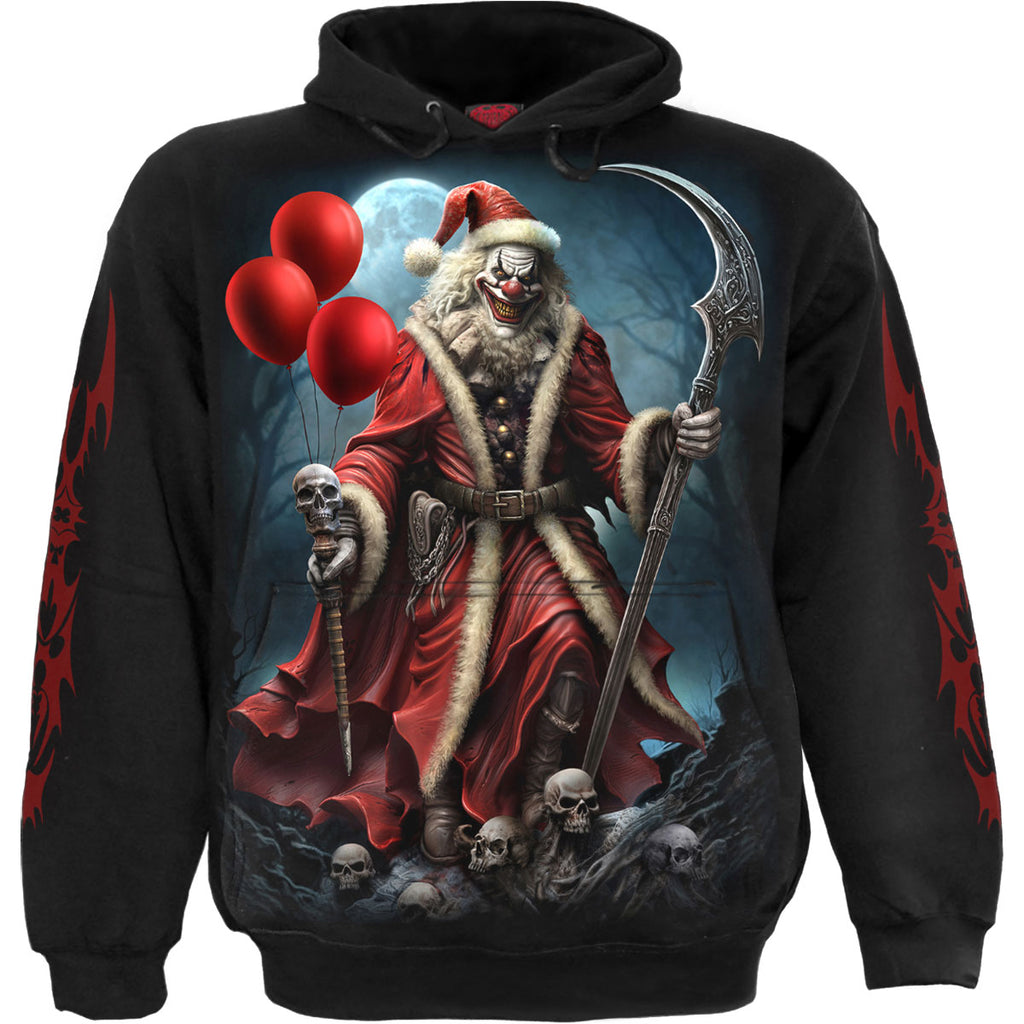 Spiral Unisex Pullover Hoodie: Santa Clown (Black) (Back & Sleeve Print)