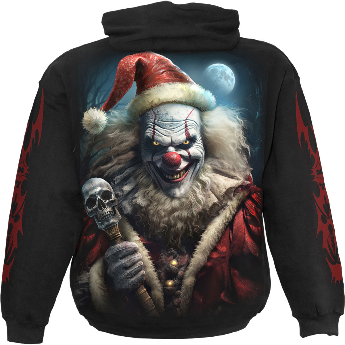 Spiral Unisex Pullover Hoodie: Santa Clown (Black) (Back & Sleeve Print)