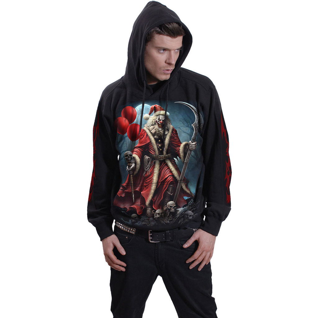 Spiral Unisex Pullover Hoodie: Santa Clown (Black) (Back & Sleeve Print)