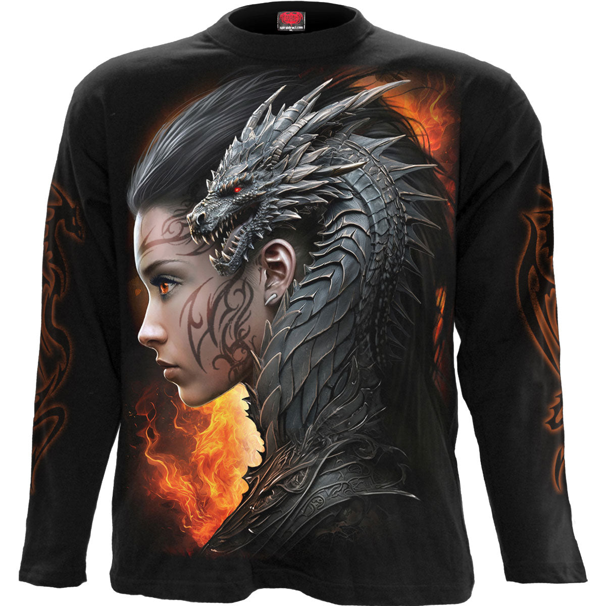 Spiral Unisex Long Sleeve T-Shirt: Draco Queen (Black) (Back & Sleeve Print)