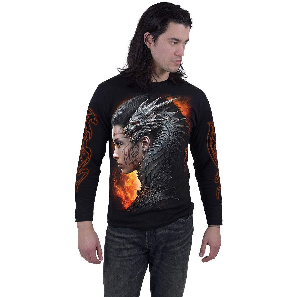 Spiral Unisex Long Sleeve T-Shirt: Draco Queen (Black) (Back & Sleeve Print)