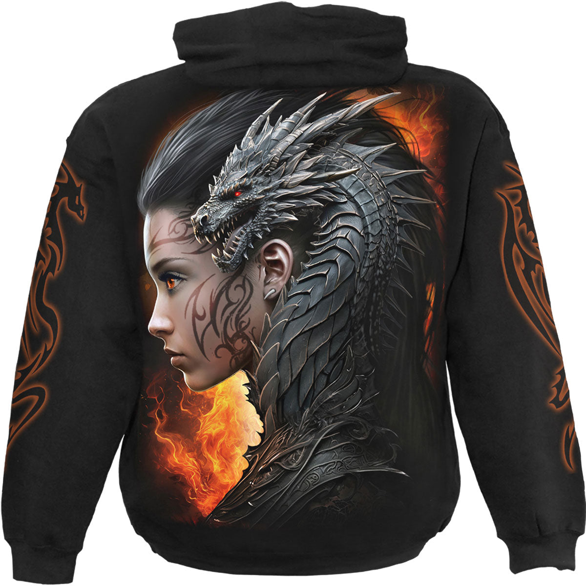 Spiral Unisex Pullover Hoodie: Draco Queen (Black) (Back & Sleeve Print)