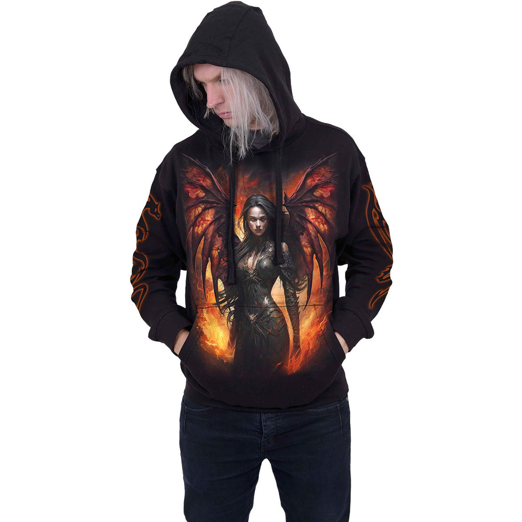Spiral Unisex Pullover Hoodie: Draco Queen (Black) (Back & Sleeve Print)