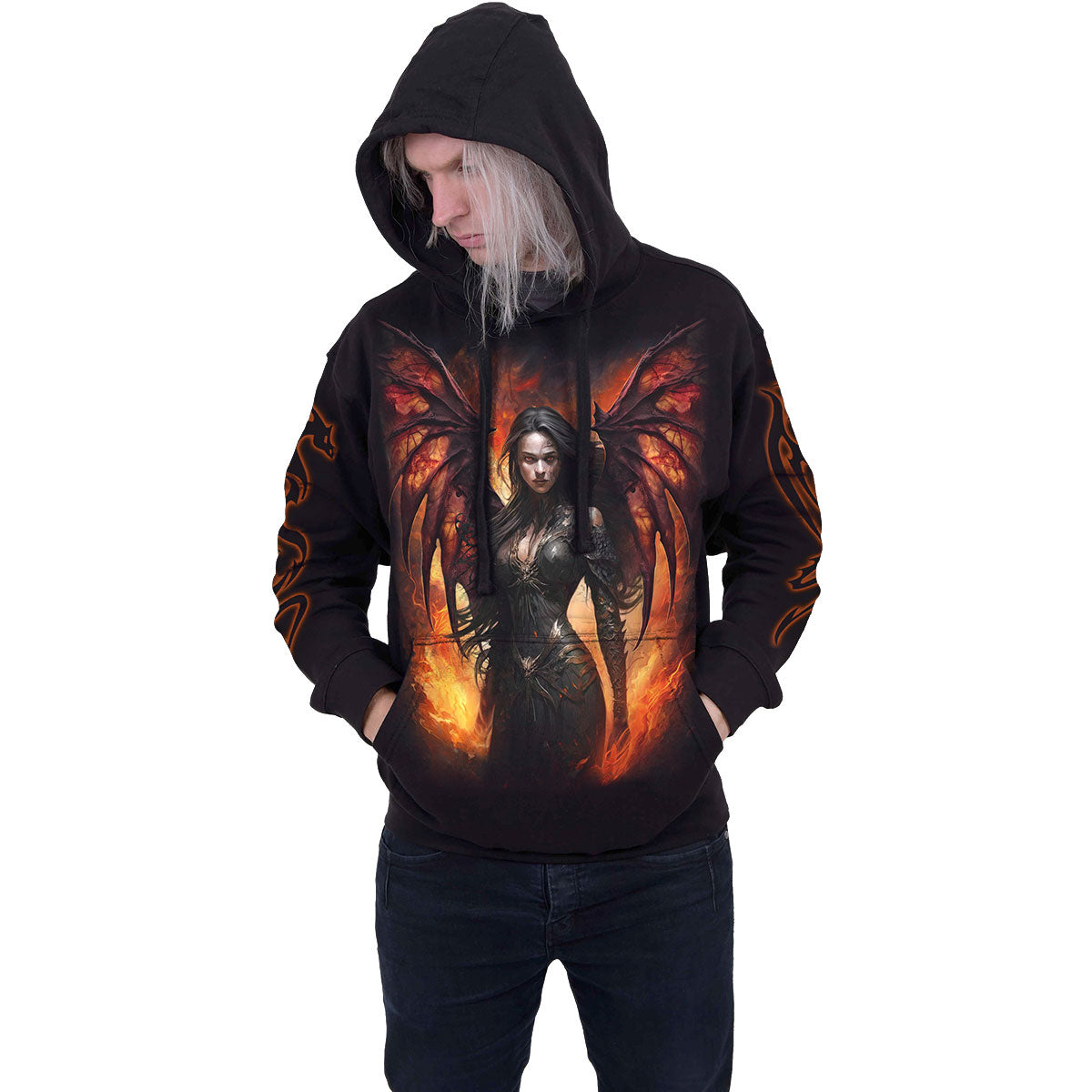 Spiral Unisex Pullover Hoodie: Draco Queen (Black) (Back & Sleeve Print)