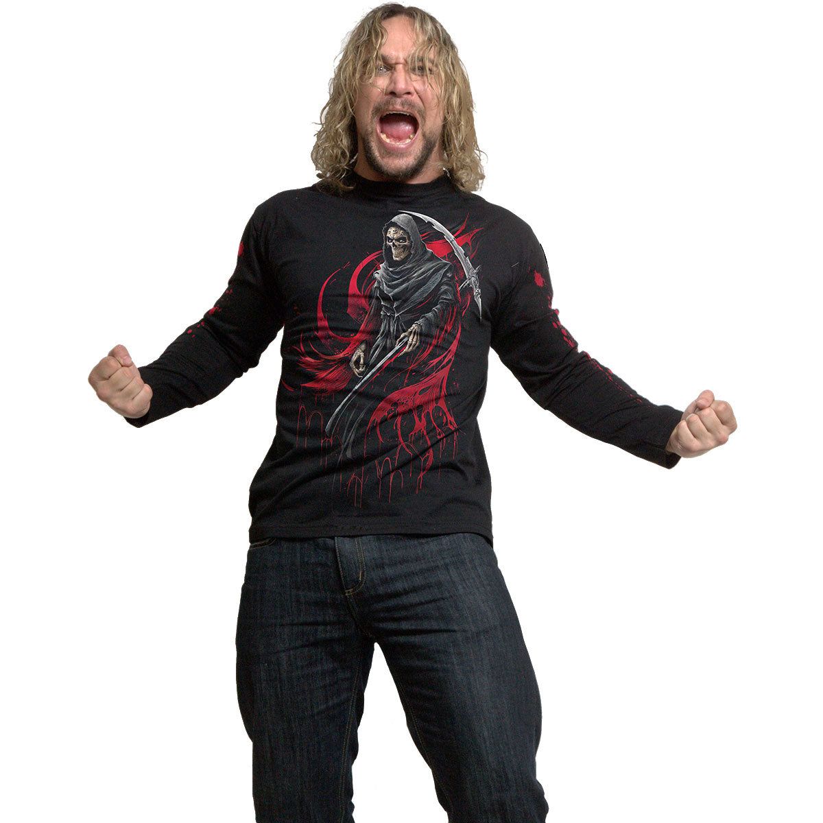 Spiral Unisex Long Sleeve T-Shirt: Screaming Death (Black) (Back & Sleeve Print)