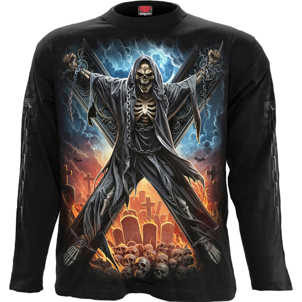 Spiral Unisex Long Sleeve T-Shirt: Crossed Over (Black) (Back & Sleeve Print)