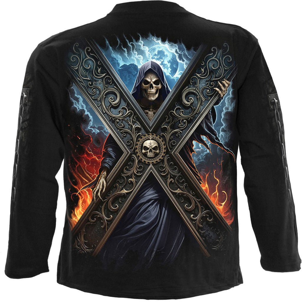 Spiral Unisex Long Sleeve T-Shirt: Crossed Over (Black) (Back & Sleeve Print)