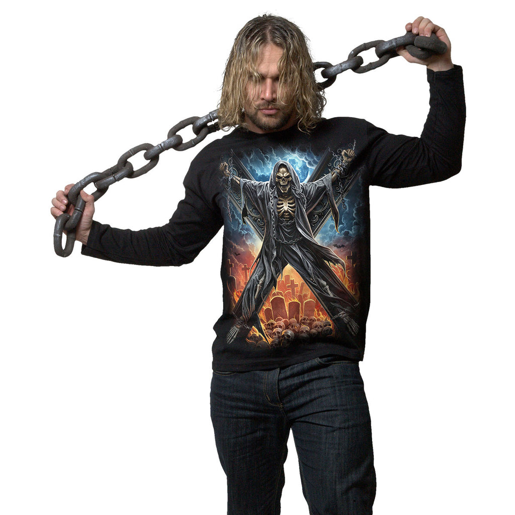 Spiral Unisex Long Sleeve T-Shirt: Crossed Over (Black) (Back & Sleeve Print)