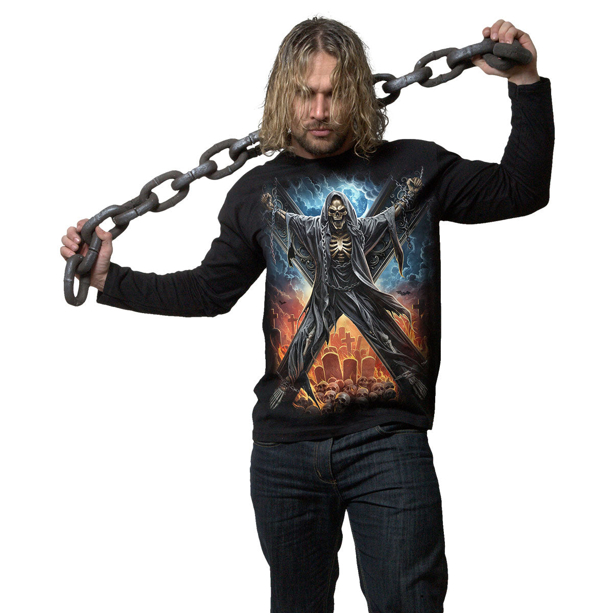 Spiral Unisex Long Sleeve T-Shirt: Crossed Over (Black) (Back & Sleeve Print)
