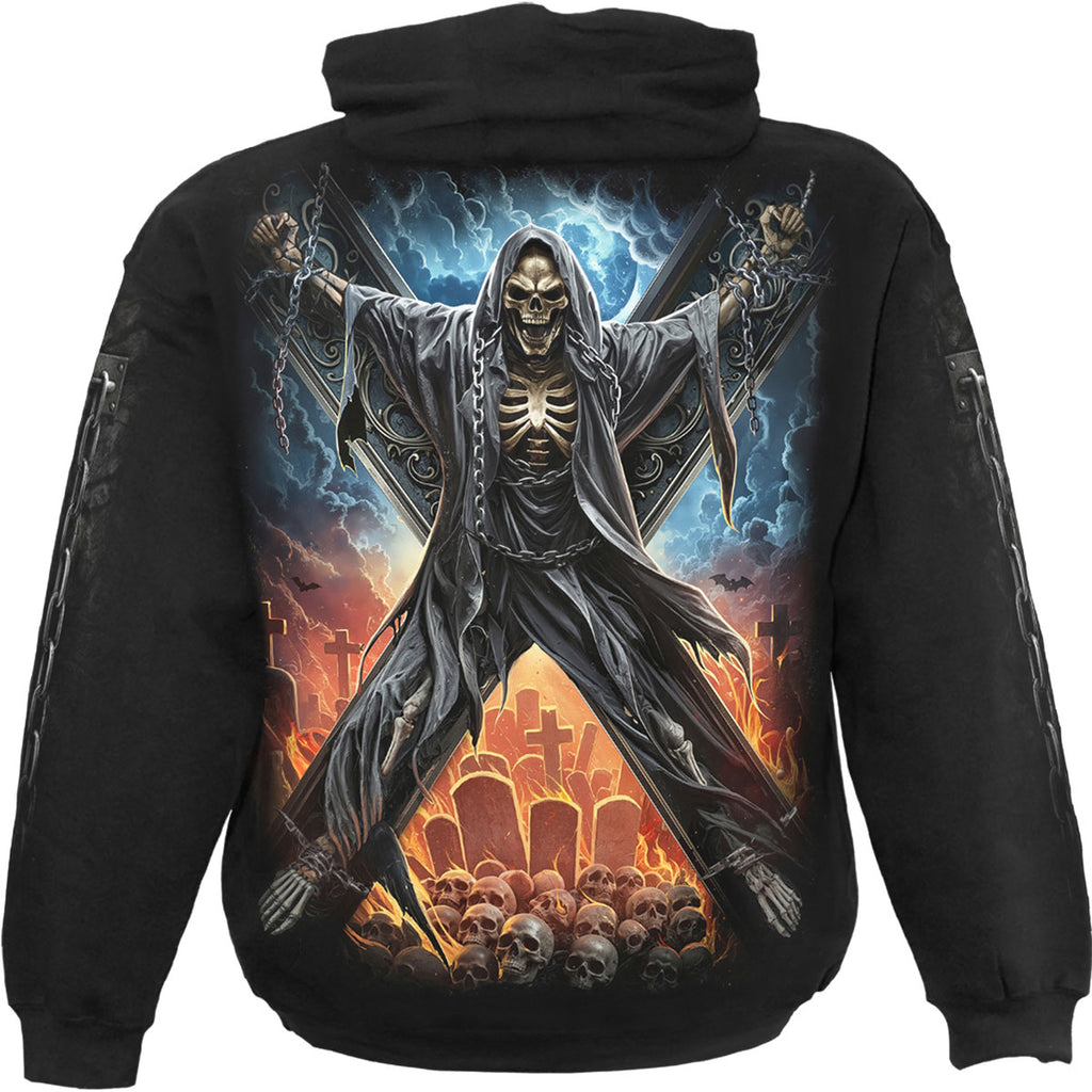 Spiral Unisex Pullover Hoodie: Crossed Over (Black) (Back & Sleeve Print)