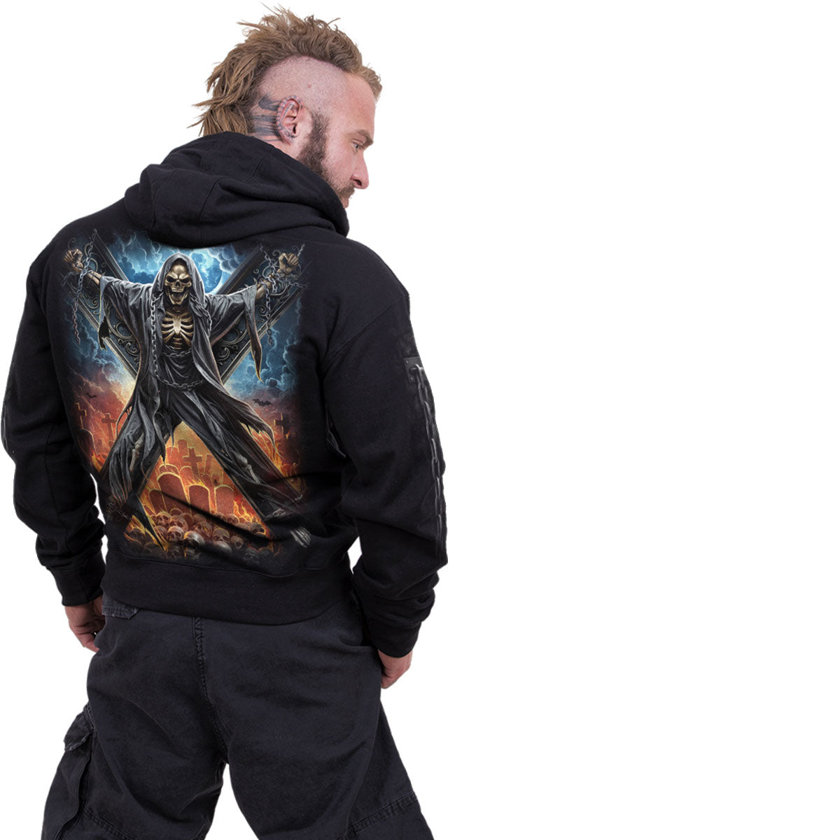 Spiral Unisex Pullover Hoodie: Crossed Over (Black) (Back & Sleeve Print)