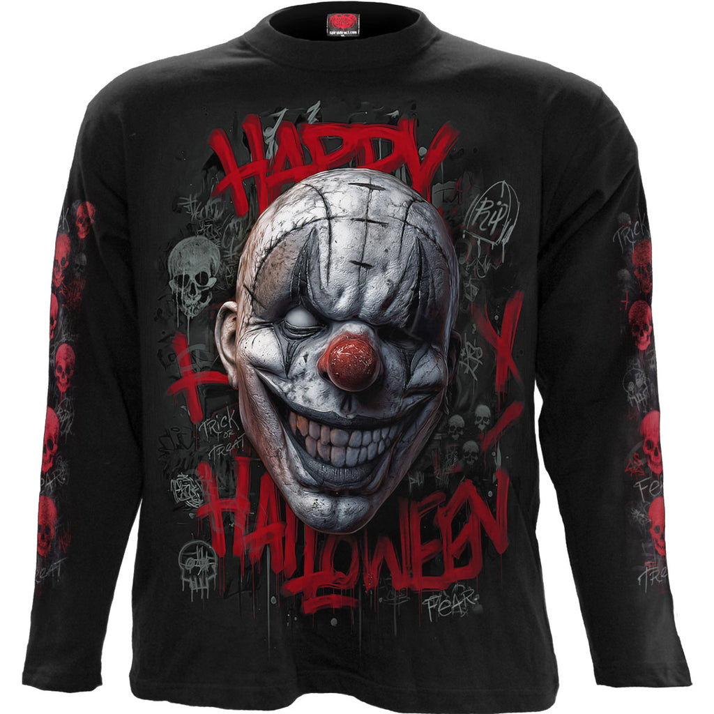 Spiral Unisex Long Sleeve T-Shirt: Happy Horroween (Black) (Back & Sleeve Print)