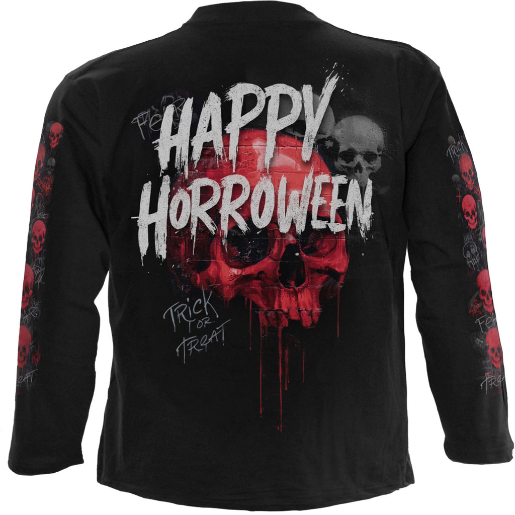 Spiral Unisex Long Sleeve T-Shirt: Happy Horroween (Black) (Back & Sleeve Print)