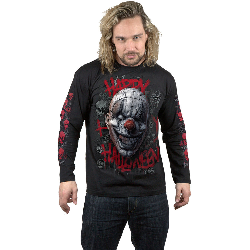 Spiral Unisex Long Sleeve T-Shirt: Happy Horroween (Black) (Back & Sleeve Print)