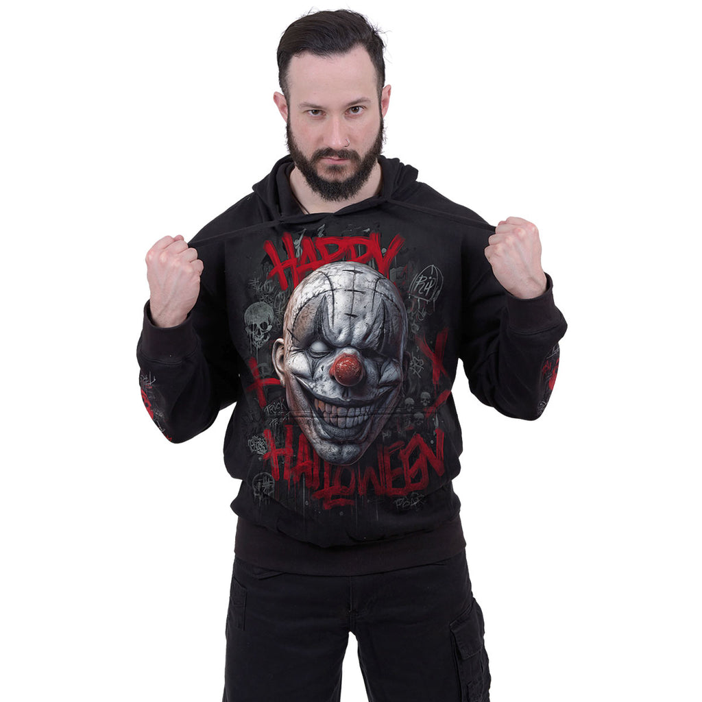 Spiral Unisex Pullover Hoodie: Happy Horroween (Black) (Back & Sleeve Print)