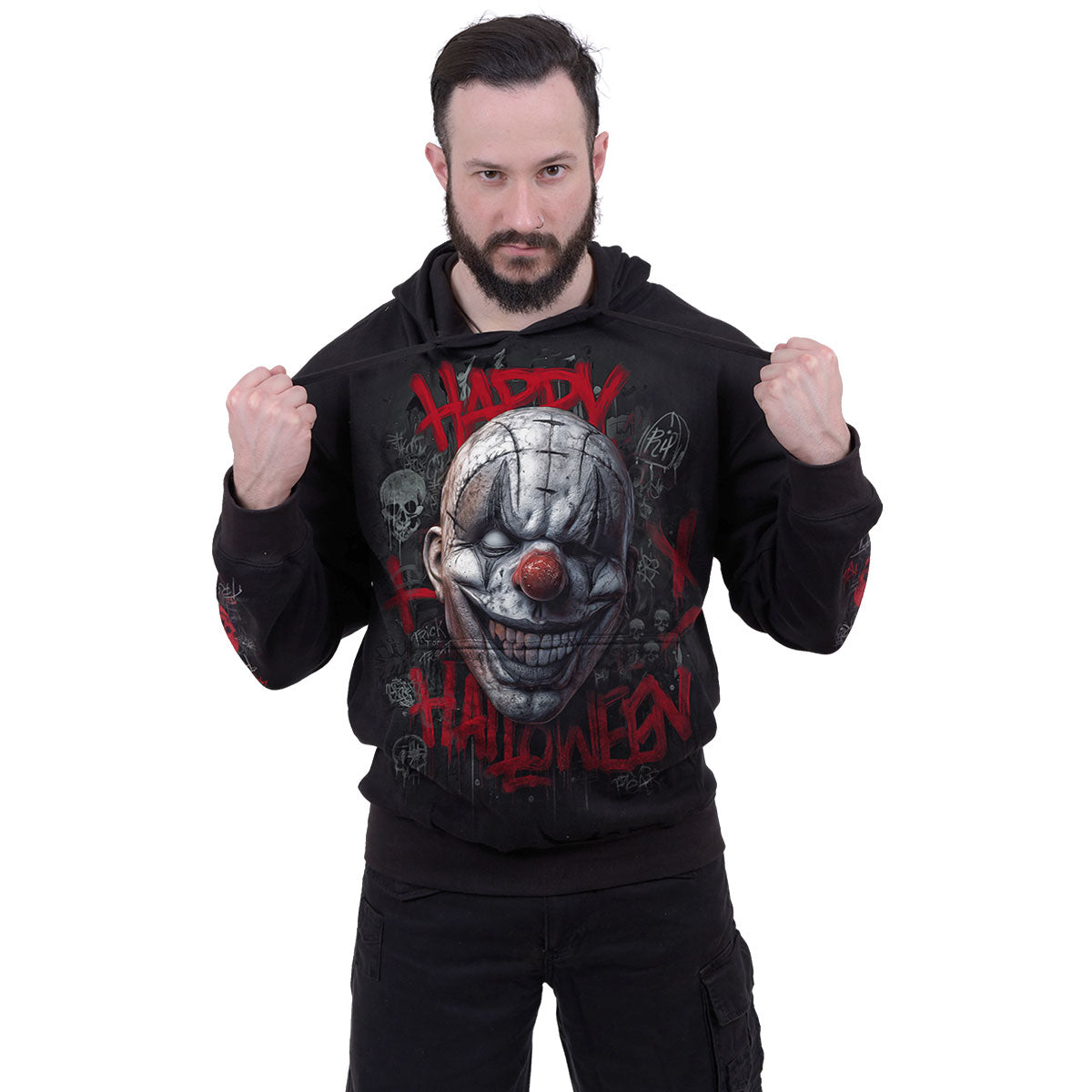 Spiral Unisex Pullover Hoodie: Happy Horroween (Black) (Back & Sleeve Print)