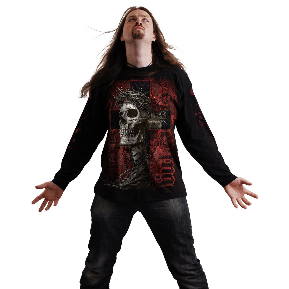 Spiral Unisex Long Sleeve T-Shirt: Silent Suffering (Black) (Back & Sleeve Print)