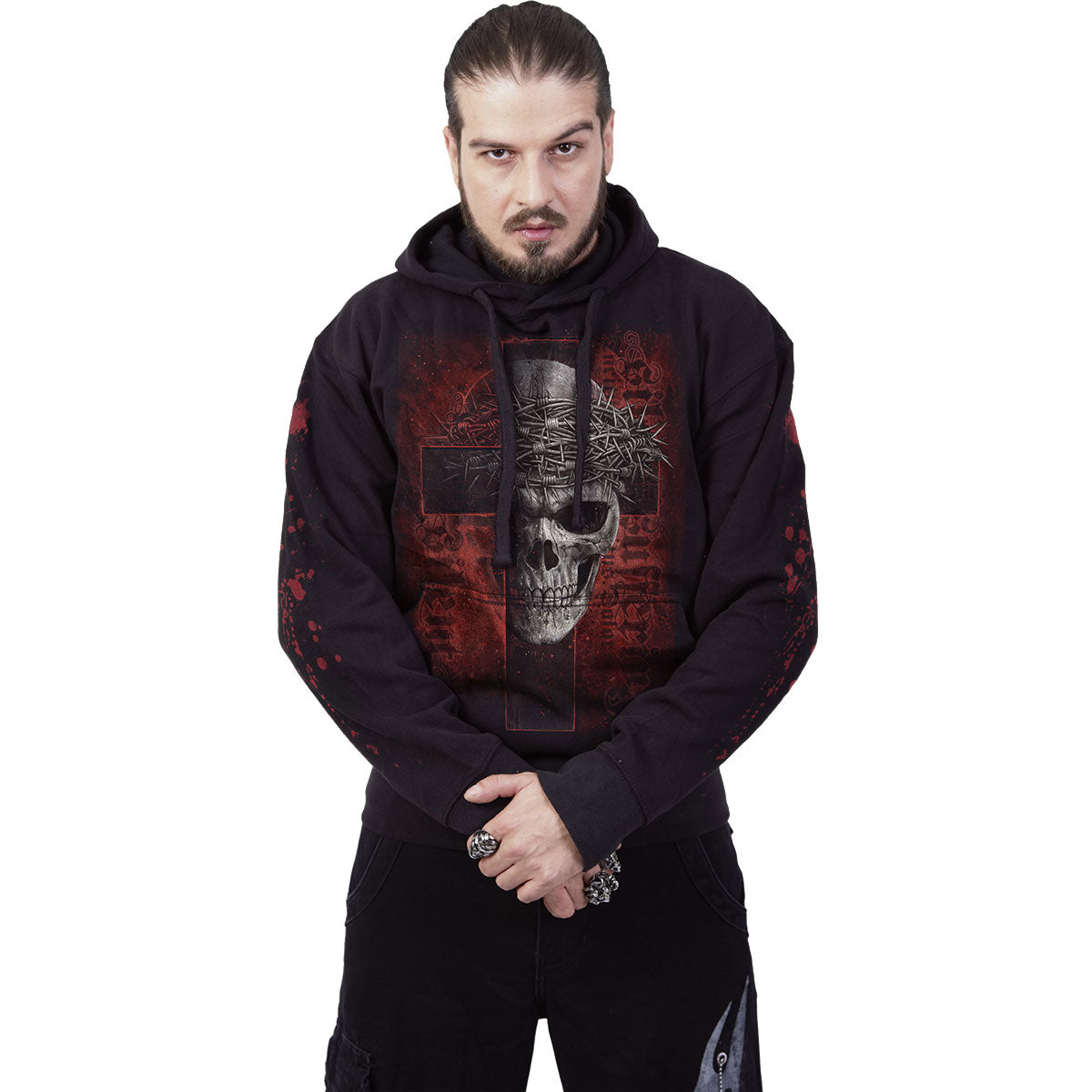 Spiral Unisex Pullover Hoodie: Silent Suffering (Black) (Back & Sleeve Print)