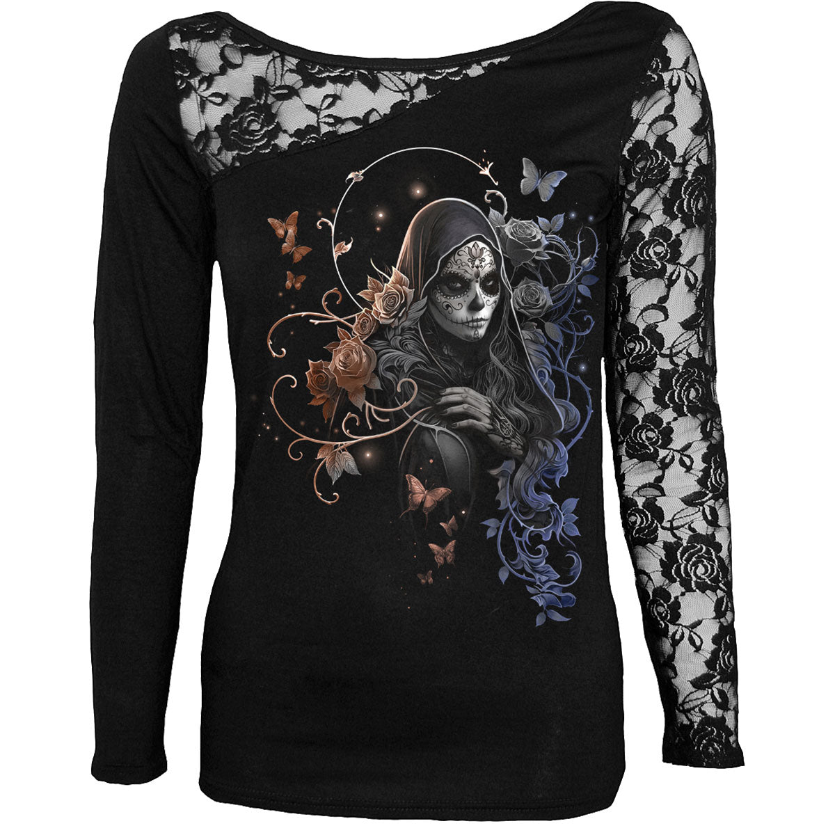 Spiral Ladies Lace One Shoulder Top: Gothic Grace (Black)