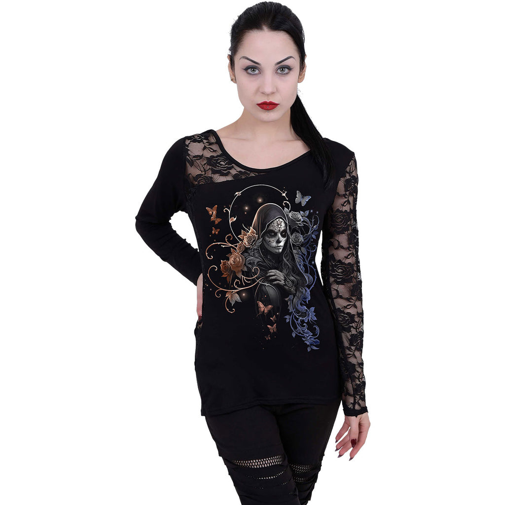 Spiral Ladies Lace One Shoulder Top: Gothic Grace (Black)