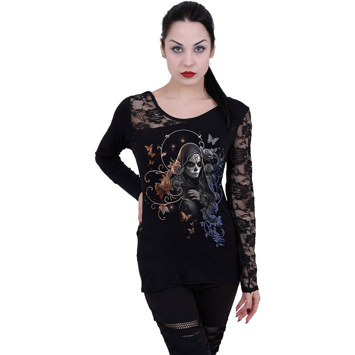 Spiral Ladies Lace One Shoulder Top: Gothic Grace (Black)