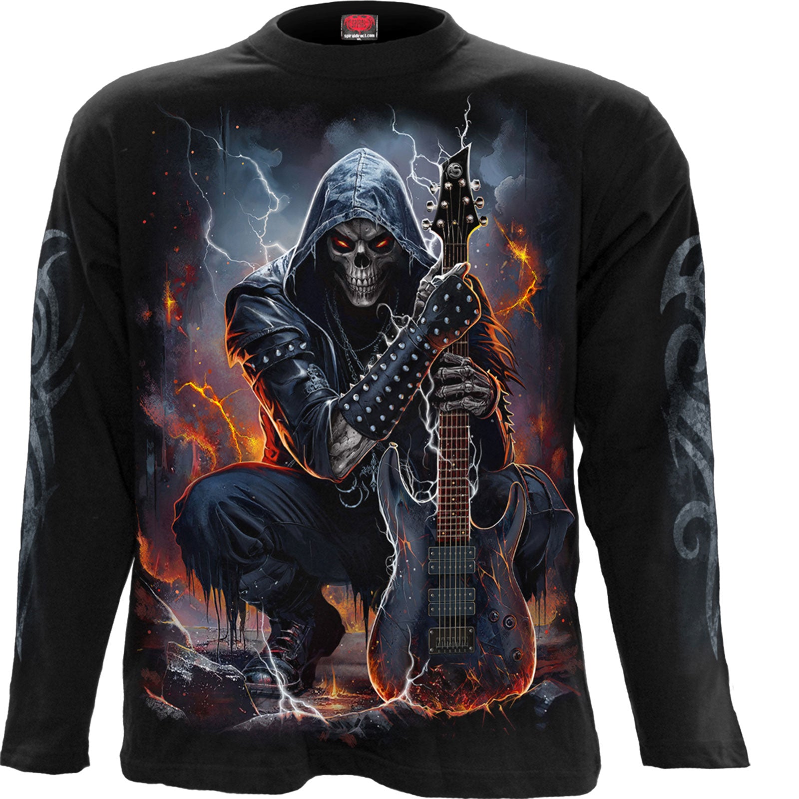 Spiral Unisex Long Sleeve T-Shirt: Death Rocker (Black) (Back & Sleeve Print)